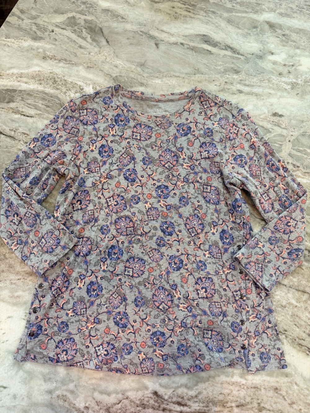 J Jill Pima Cotton Floral Tee XS Gray Side Button Long Sleeve Casual Top